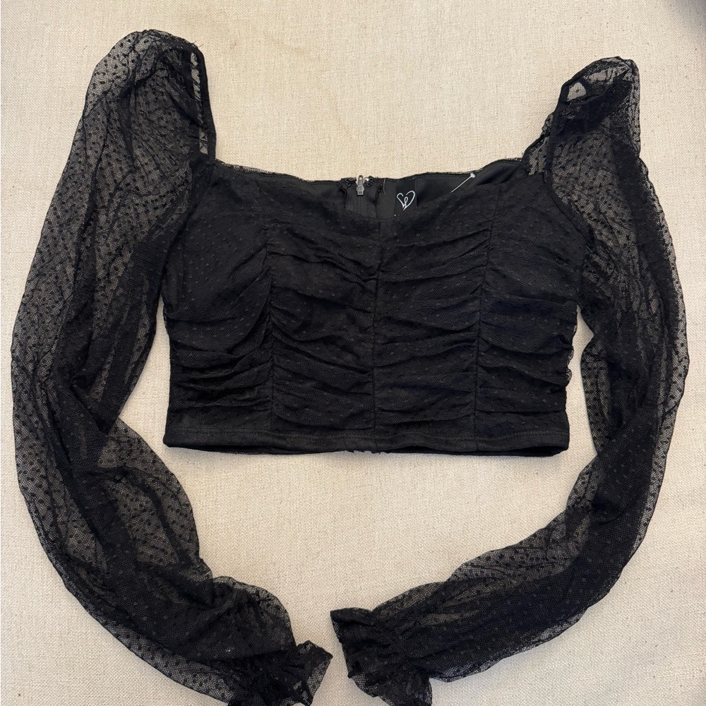 Windsor Black Ruched Crop Blouse with Sheer Long Sleeves